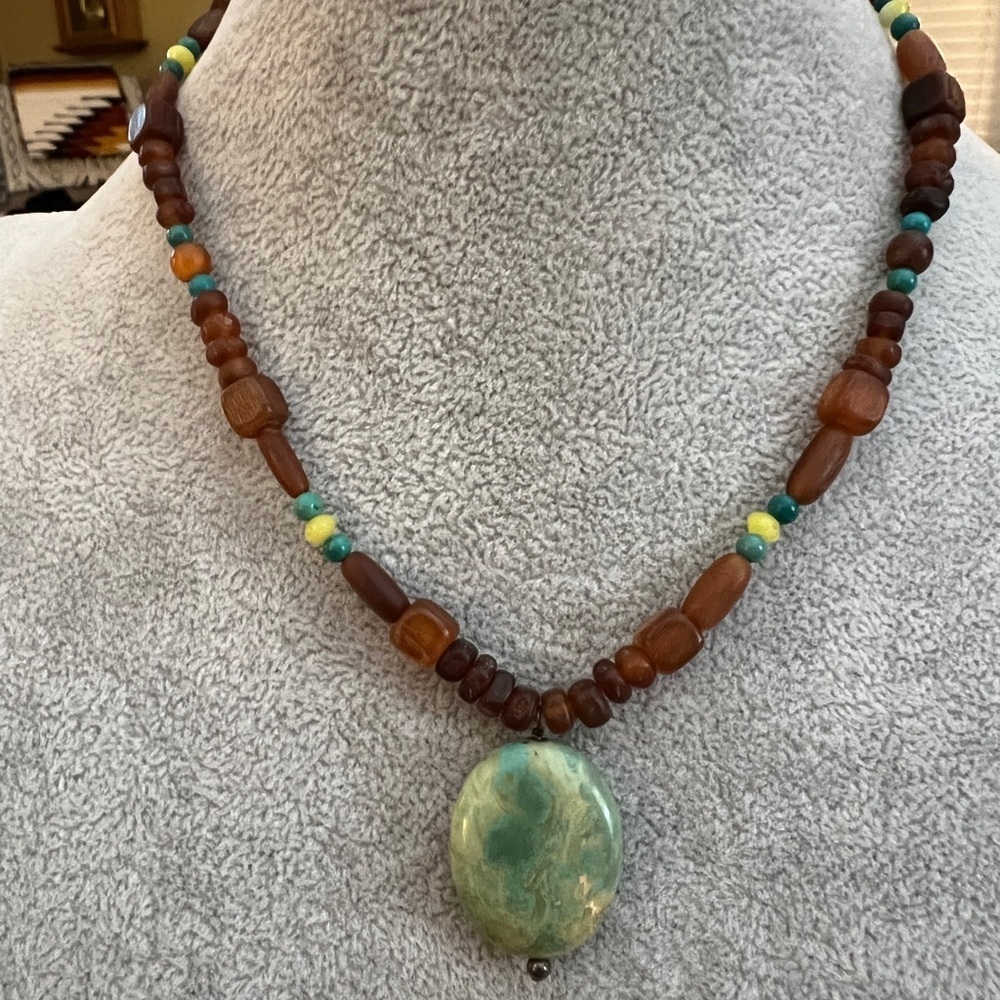 ❤️ Vintage Barse 925 Green Turquoise Beaded Necklace with Pendant 18+2.5”